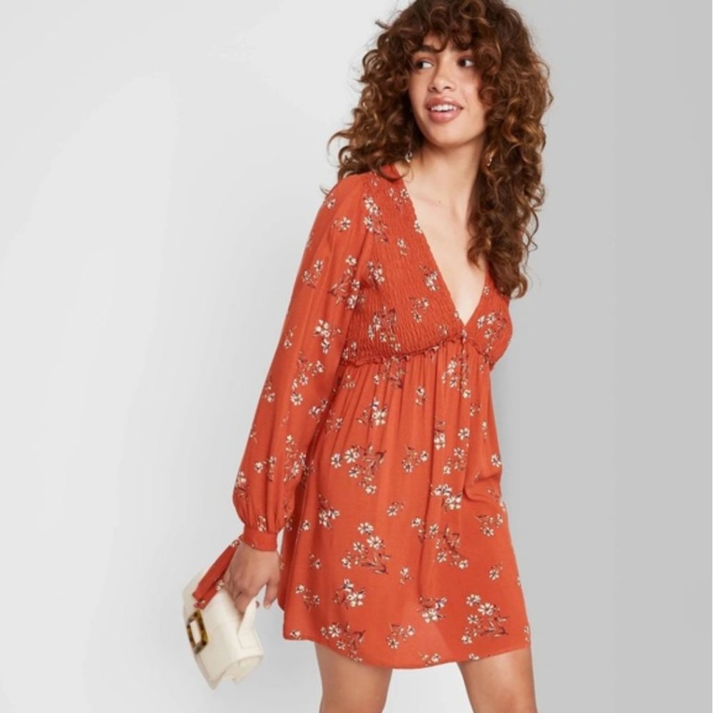 Women's Long Sleeve Dress Orange Floral